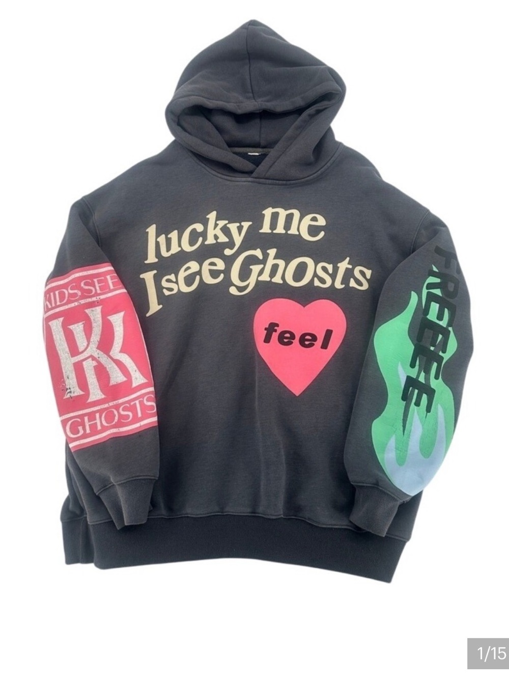 Cactus Plant Flea Market Black Hoodie with Pink Heart and Green Flame Sleeves